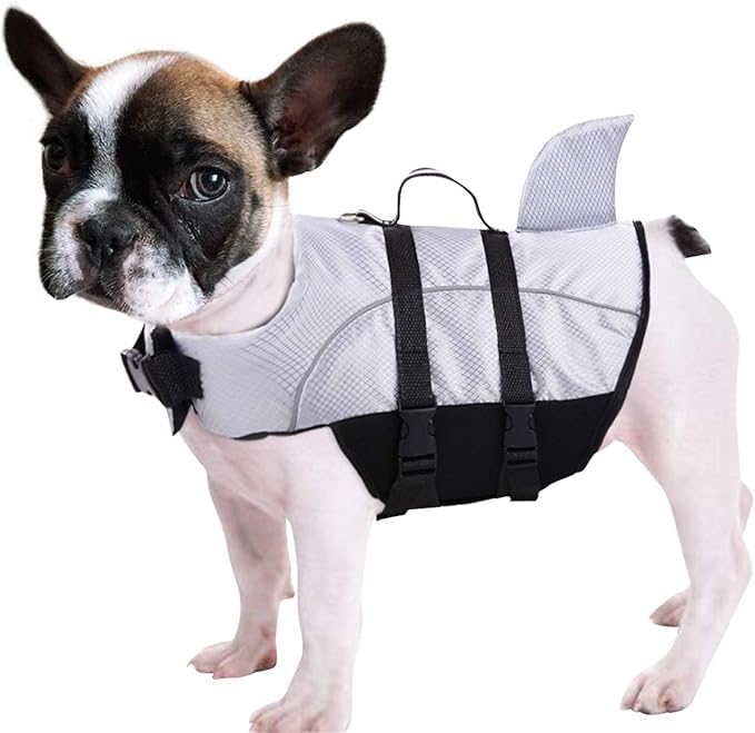 Queenmore Ripstop Dog Life Jacket Shark Life Vest for Dogs, Safety Lifesaver with High Buoyancy and Lift Handle for Small and Medium Breeds（Grey S）