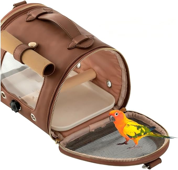 Bird Handbag with Plastic Tray, Brown Portable Parrot and Bird Travel Handbag, Suitable for Small Pets Such as Hamsters, 22x17x17cm, with mesh Window, Shoulder Strap and Standing Wooden Stick