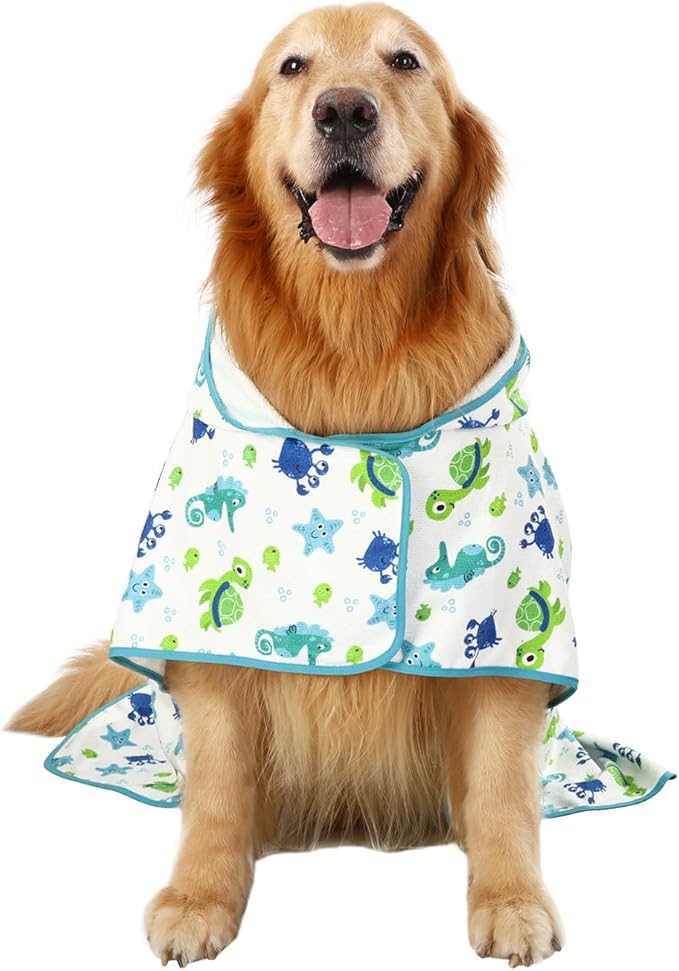 HDE Dog Bathrobe Super Absorbent Quick Drying Puppy Towel Wrap Coat Adjustable After Bath Robes with Hood for Dog Sizes S-XXL Sea Animals XXL