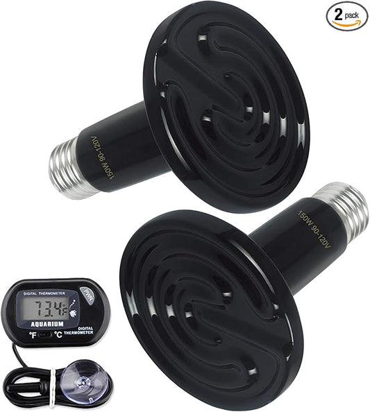 OMAYKEY 2-Pack 150W Ceramic Heat Lamp with 1-pcs Digital-Thermometer, Infrared Heat Emitter Bulbs for Reptiles, Amphibians, Chicken Brooder Coop Lizard Turtle Snake Aquarium, No Light No Harm