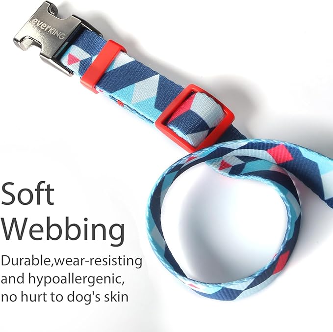 Everking Dog Leash and Collar Set with Metal Buckle, Suitable for Medium-Sized Dogs Weighing 11-20kg,Memphis Geometric Pattern Design Style, Flexible Webbing, Nylon Handle, Adjustable (Iris, M)