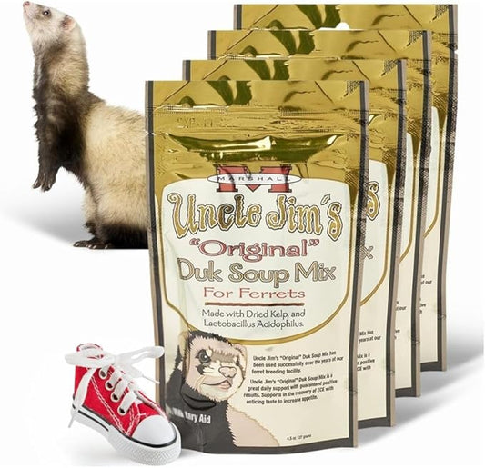 Marshall Uncle Jim’s DUK Soup Mix for Ferrets – 4.5 oz Each – Digestive Support, Recovery & Vitality Aid – Includes 2 Squeaky Toys for Enrichment & Fun – (Pack of 4)