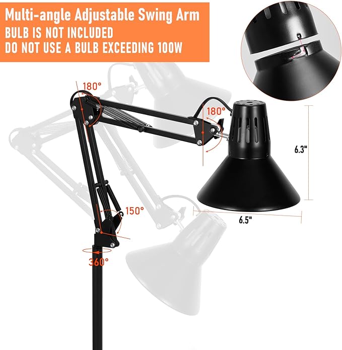 Reptile Heat lamp Reptile Light Fixture with Heat Lamp Stand,Height Range from 15.7inch to 74.3inch with 360°Adjustable Swing Arm for Bearded Dragon Turtles Snake and Chicks