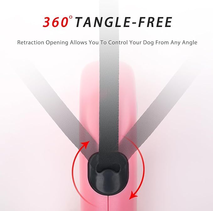 enrgticdg 16Ft Retractable Dog Leash,Light Weight Leash for Small to Medium Dogs/Cats Up to 50lbs,Stainless Steel Spring Strong Nylon Tape, Tangle Free, One-Handed Brake.(Pink)