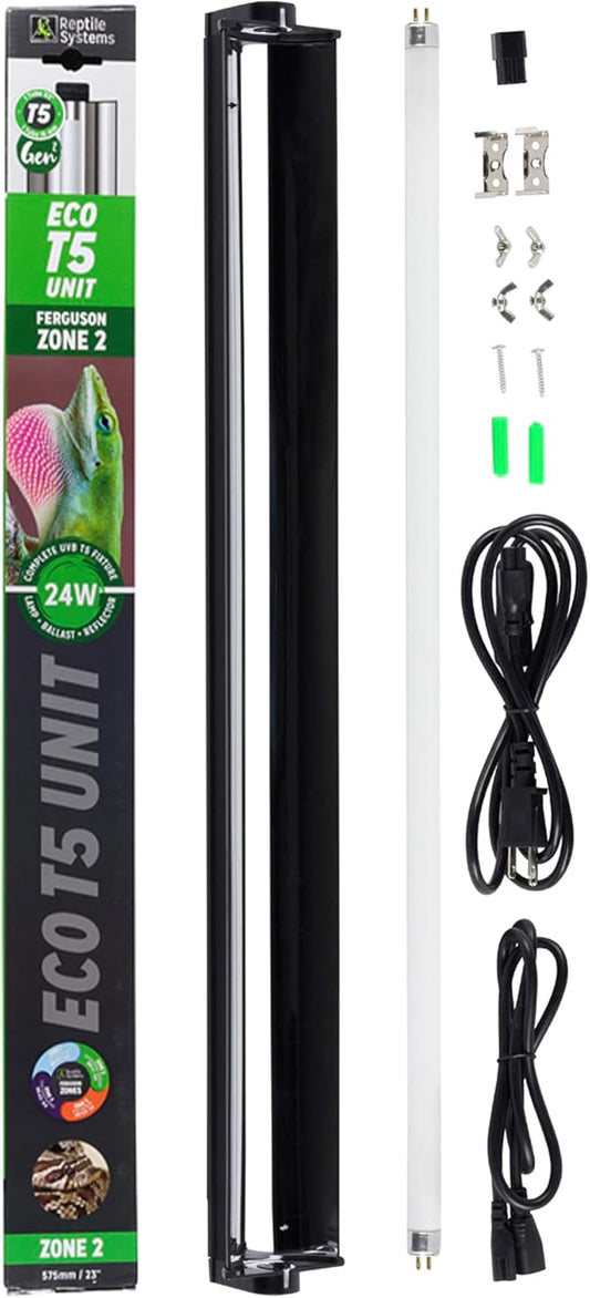 Reptile Systems Eco T5 Unit Zone 2 Reptile Lighting Kit – 24in-24w - Slimline Fixture with HOT5 Lamp, Reflector & Flicker-Free Ballast – Ideal for Terrariums, Chameleons & Geckos