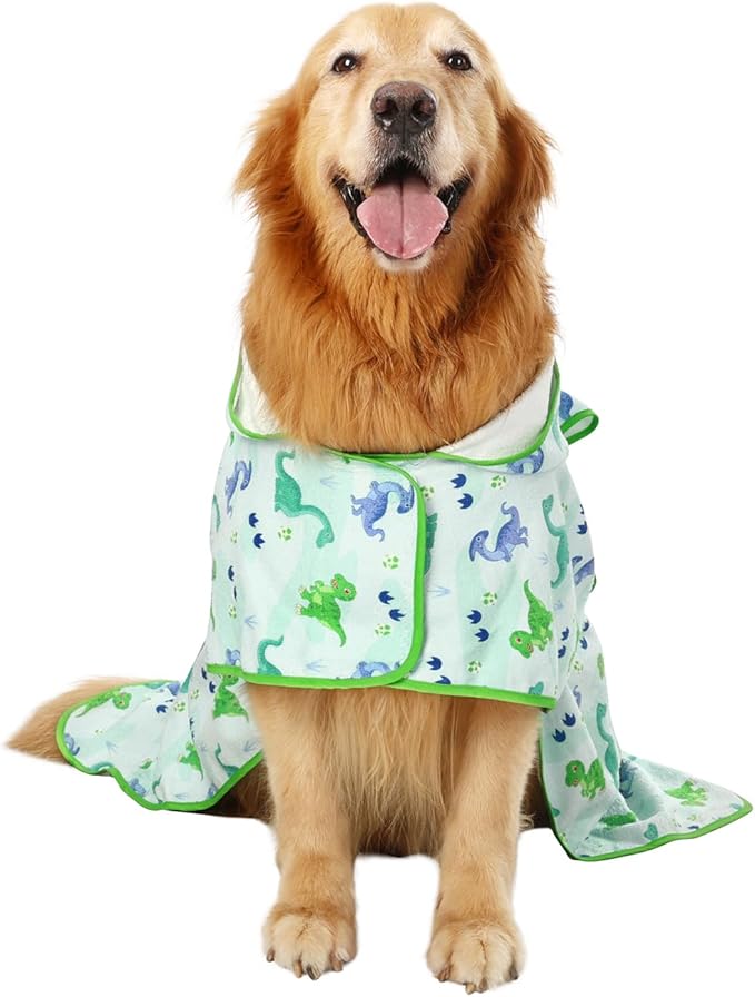 HDE Dog Bathrobe Super Absorbent Quick Drying Puppy Towel Wrap Coat Adjustable After Bath Robes with Hood for Dog Sizes S-XXL Cute Dinosaurs L