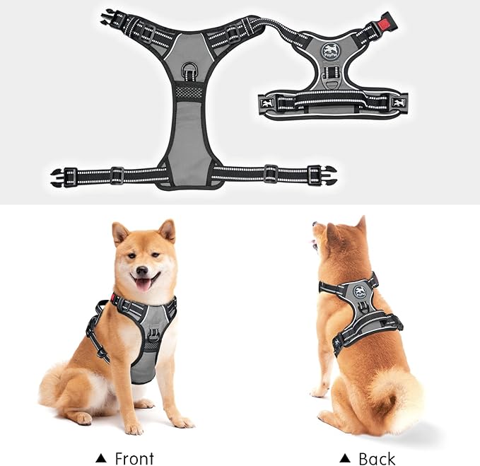 PoyPet No Pull Dog Harness, No Choke Front Lead Dog Reflective Harness, Adjustable Soft Padded Pet Vest with Easy Control Handle for Small to Large Dogs(Grey,XS)