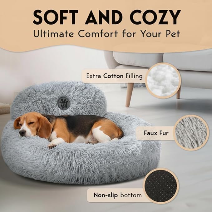 PetJett Calming Dog Bed Medium Size Dog - 30'' Donut Bed, Washable Dog Bed - Anti-Slip Super Soft Fluffy Plush Round Bed, Anti-Anxiety Premium Comfort Pet Bed, Fits Dogs up to 45 lbs - Bright Grey