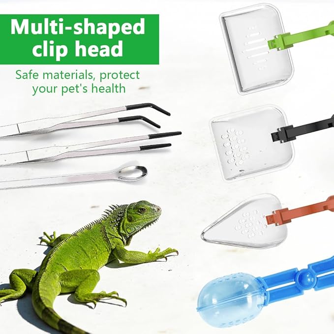 7-Pack Reptile Feeding Tools Set - 4 Feeding Tongs/Worm Tongs/Worm Scoop/Cleaning Shovels, 2 Tweezers & 1 Feeding Spoon, for Reptiles, Hedgehogs, Lizards, Spiders, Bearded Dragons