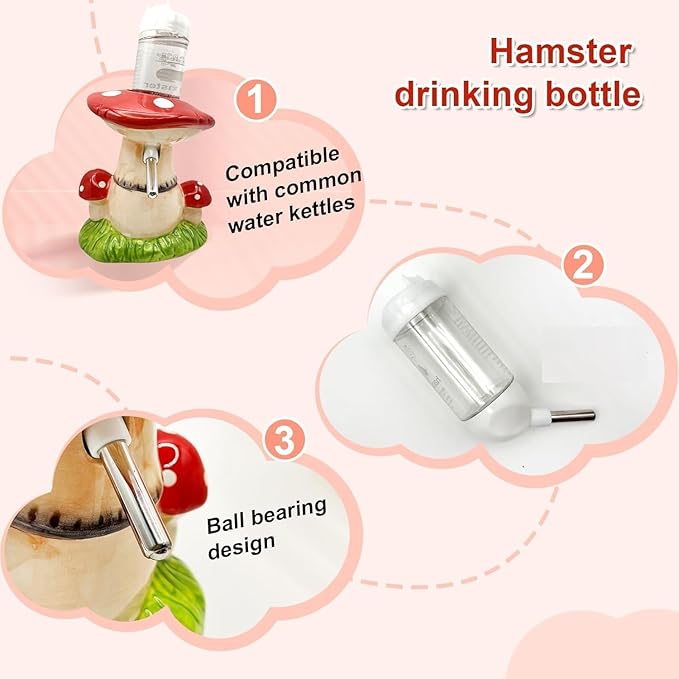 Mushroom Ceramic Hamster Hideout, Water Bottle with Stand, Food Bowl, Hamster Accessories (red)