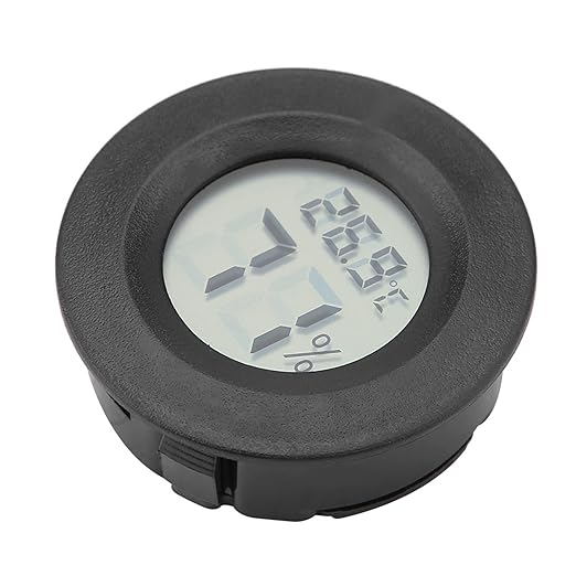 Fydun Digital Thermometer Hygrometer, LCD Temperature Humidity Mini Hygrometer Round Shape Thermometers Meter for Reptile Incubator Aquarium Poultry, Compact Size & (Black)