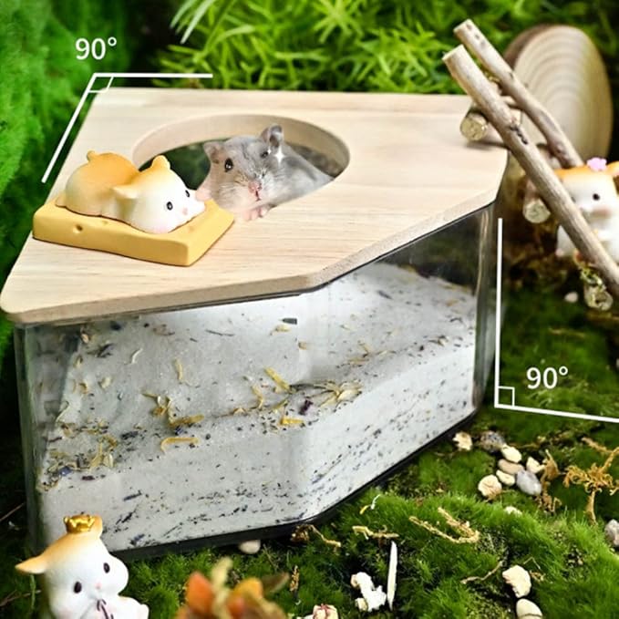 Pssopp Hamster Bath Box, Right Angle Fan Acrylic Safe Hamster Sand Bathroom with Wood Cover for and Other Small Pet Hamster