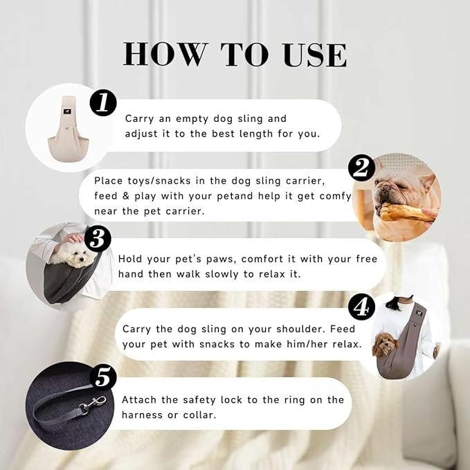Dog Sling Carrier for Small Dogs up to 15 lbs - Hands Free Puppy Sling (Size M) - Ergonomic Padded Strap & Safety Hook Based on Owner's Bust, Caramel