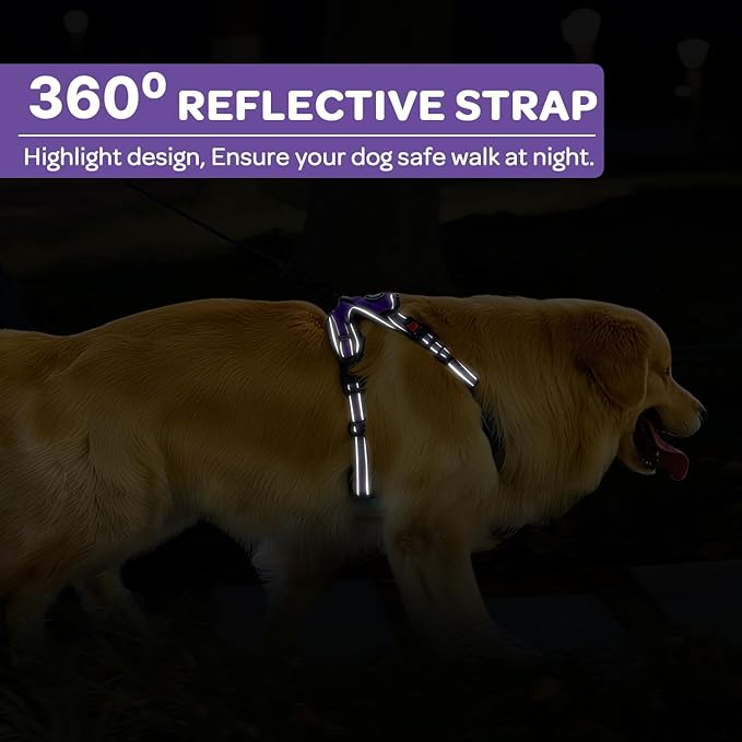 FURRYFECTION Plaid Dog Harness for Small Dogs, Reflective No Pull Adjustable Pet Vest with Front Clip, Leash, Easy Control Handle and Seat Belt, Purple, S
