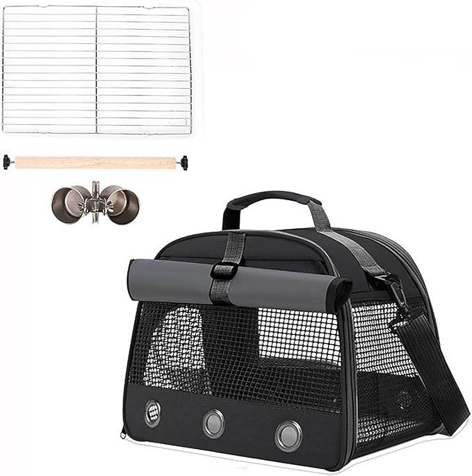 Portable Transparent Bird Backpack - Travel Cage for Small Birds with Crossbody Handle, Tray and Feeding Bowl, Roller Shutter Design(Black)