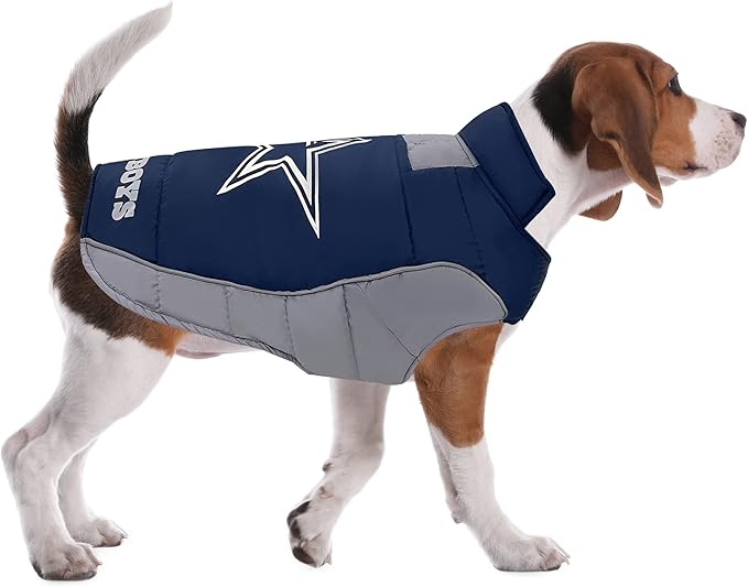 NFL Dallas Cowboys Puffer Vest for Dogs & Cats, Size Small. Warm, Cozy, and Waterproof Dog Coat, for Small and Large Dogs/Cats. Best NFL Licensed PET Warming Sports Jacket