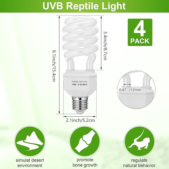 4 Pack UVB Reptile Light Bulb 10.0 Bulb for Desert Reptiles UVB Light Compact Fluorescent Terrarium Lamp for Bearded Dragon, Lizard, Tortoise, Iguanas, Snake, Gecko(26w,Light10.0)