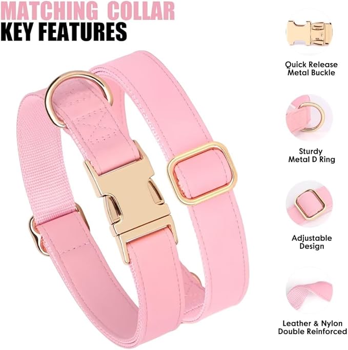 PET ARTIST Soft PU Leather Dog Collar and Leash Set, Bright & Stylish 5FT PU Leather Leash and Collar Set, Durable Pet Collars with Quick Release Metal Buckle for Medium Dogs,Pink,M(13-19")