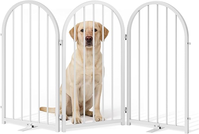 PUPETPO Full Metal Dog Gate for Indoor Outdoor, 32" Tall Free Standing Pet Dog Fence, 54" Wide Arched Pet Gates for Stairs, Hallways, Doorways, Kitchen, Decks, Yards (White, 3 Panels)