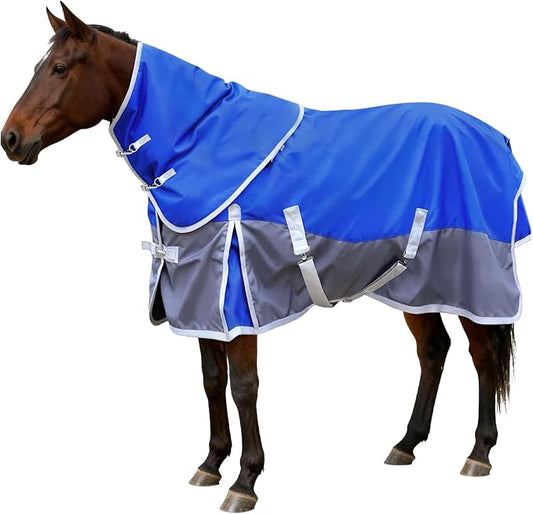 Horse Blankets Winter for Real Horses, 1600D Waterproof Poly Rain Sheets 72 in with Neck Cover Belly Wrap Tail Wrap Turnout Blanket, Stuff Care Medium Large Weight Heavy Outdoor Clothes Blue Grey
