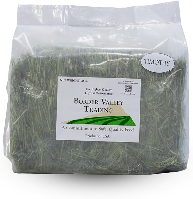 Border Valley Timothy Hay Bale in Bag, 50 lb - High Fiber Grass Hay for Rabbits, Guinea Pigs, Chinchillas, Tortoises, Horses and Livestock - Classic Coarse Grass Hay, Farm-to-Home Freshness