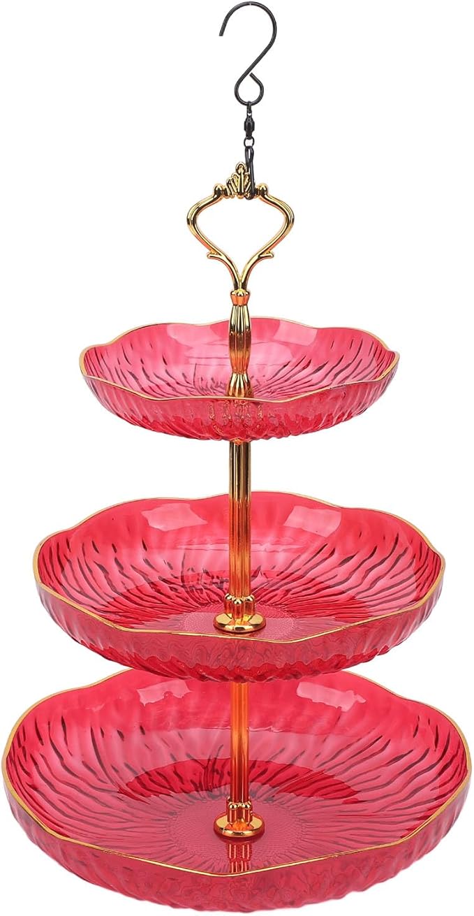 SUNGOOYUE Hanging Bird Feeder for Outdoor Use, Practical Bird Bath with 3-Tier Hanging Bowl, Holds Up to 4.5 Kg of Food, Improves The Watching Experience in Your Garden (Red)