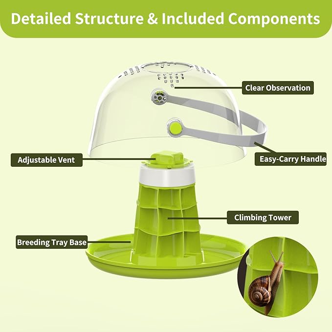 Small Animal Carrier — Round Transparent Snail Terrarium Kit for Kids, Portable Insect Habitat with Air Vents, Removable Base & Handle for Snails, Beetles, Spiders, Ladybugs