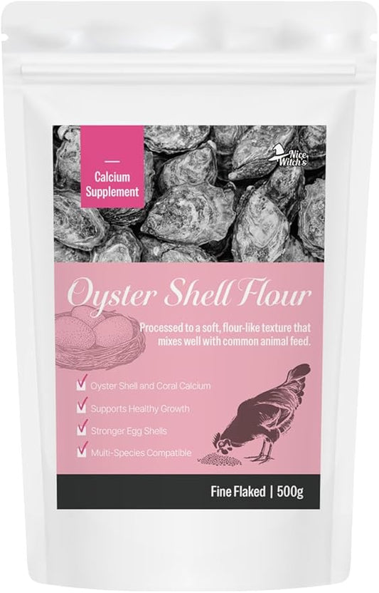 NICE WITCH'S Oyster Shell Flour 1.1 lb (500 g) – Finely Ground Calcium for Chickens, Ducks, Birds, Reptiles, Amphibians & More – Natural Source of Calcium | Korean Oyster Shell Powder/굴껍질 가루