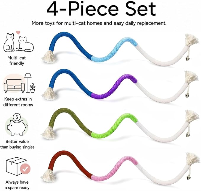 4-Pack Cat Toys for Indoor Cats, Woven Cotton Rope Toys with Bells - Image 2