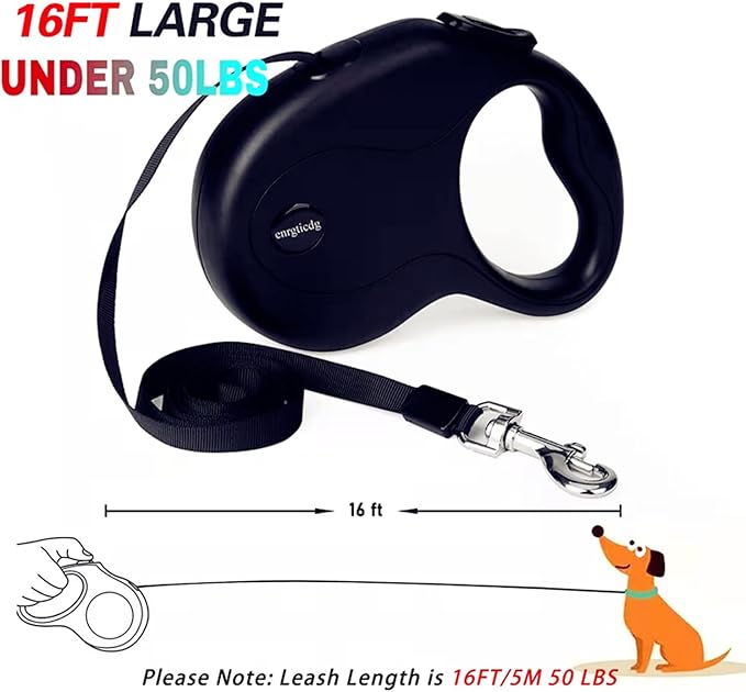 enrgticdg 16Ft Retractable Dog Leash,Light Weight Leash for Small to Medium Dogs/Cats Up to 50lbs,Stainless Steel Spring Strong Nylon Tape, Tangle Free, One-Handed Brake.(Black)