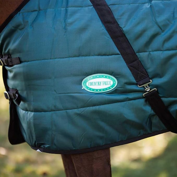 Country Pride Sentinel Channel Quilt Horse Stable Blanket, Midweight Open Front, 420D Nylon Outer Shell, 250g Poly-Fill Insulation, Wither Protection, Adjustable Leg Straps, Bias Surcingle (72,Green)
