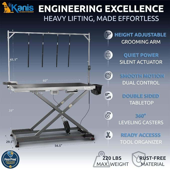 KANIS Professional Electric Dog Grooming Table - Heavy Duty, Height Adjustable Pet Grooming Table w/Leveling Wheels, Dog Grooming Arm, Anti-Slip Tabletop & Tool Organizer (Grey, 60")