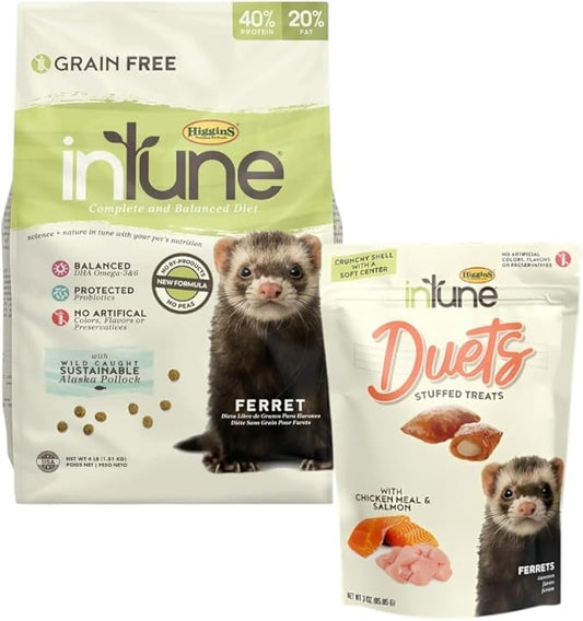 Higgins Intune Ferret Food & Treat Bundle Intune Ferret Diet 4lbs & Intune Duets Ferret Treats (Chicken Meal/Salmon) 3.04oz.