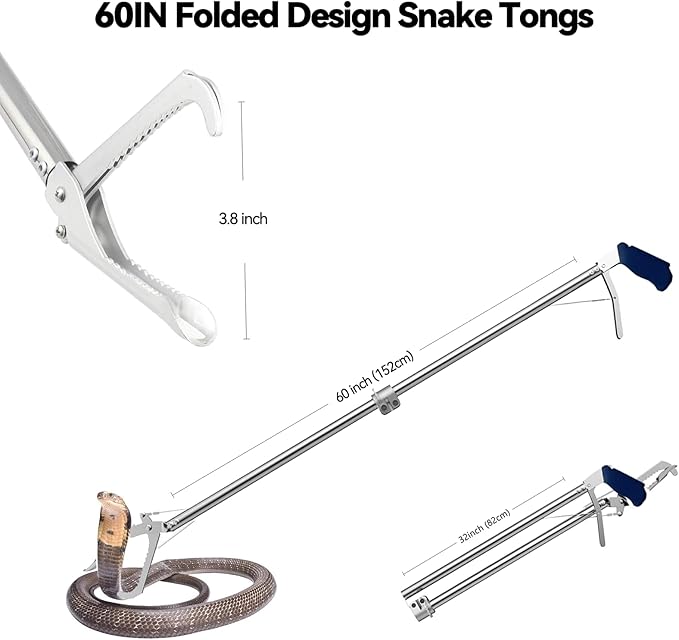 60“ Professional Collapsible Snake Grabber Tool, Stainless Steel Snake Catcher Pole with Heavy-Duty Grabber Heads, Tongs, and Hook Mechanisms for Safe Reptile Control in Gardens or Farms
