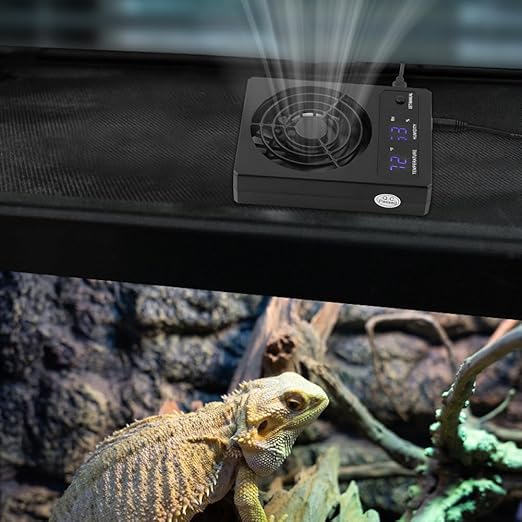 Reptile Ventilation Fan, LED Digital Thermometer and Humidity Gauge Dehumidifier for Pet Rearing Box Reptile Tank, with Humidity Sensor, for Humid Environments, Rainfo-Rest and Ecological Tanks