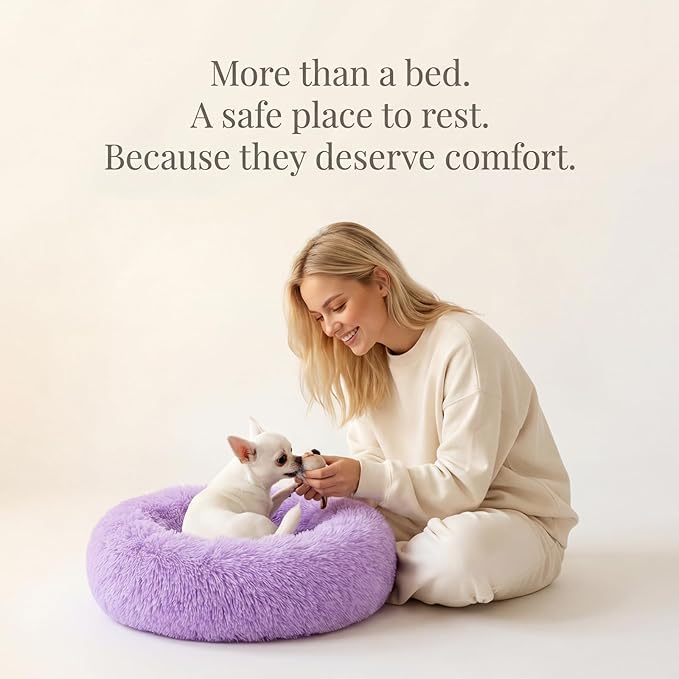 Calming Donut Dogs Beds for Small Dogs Washable,19inch Fluffy Round Puppy Bed for Puppies,Cats & Toy Breeds with Raised Rim,Fits up to 15 lbs Pets,Purple