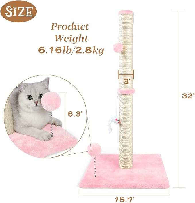 ANWA 32" Tall Sisal Cat Scratching Posts Tree for Indoor Cats Adults, Pink - Image 2