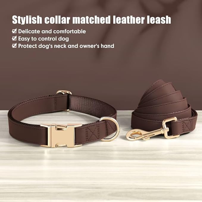 PET ARTIST Soft PU Leather Dog Collar and Leash Set, Bright & Stylish 5FT PU Leather Leash and Collar Set, Durable Pet Collars with Quick Release Metal Buckle for Medium Dogs,Brown,M(13-19")