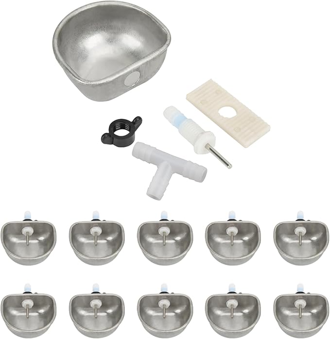 10Pcs Rabbit Stainless Pet Water Bowl Dispenser, Automatic Rabbit Water Feeder with Bowl, Rabbit Watering System Kit, Removable Hanging Pet Cage Water Bowls
