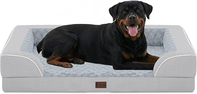 Orthopedic Dog Beds for Extra Large Sized Dogs, Waterproof Memory Foam XL Pet Bed with Sides 48x30Inch, Non-Slip and Egg-Crate Foam Big Dog Couch Bed with Removable Washable Cover, Light Grey