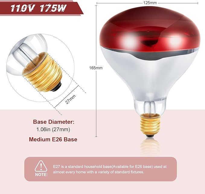 Treela 6 Pcs 110V 175W Red Infrared Bulbs Medium E26 Base, Red Heat Lamp Flood Light Bulbs Heat Light for Bathroom Chickens Brooder Pets