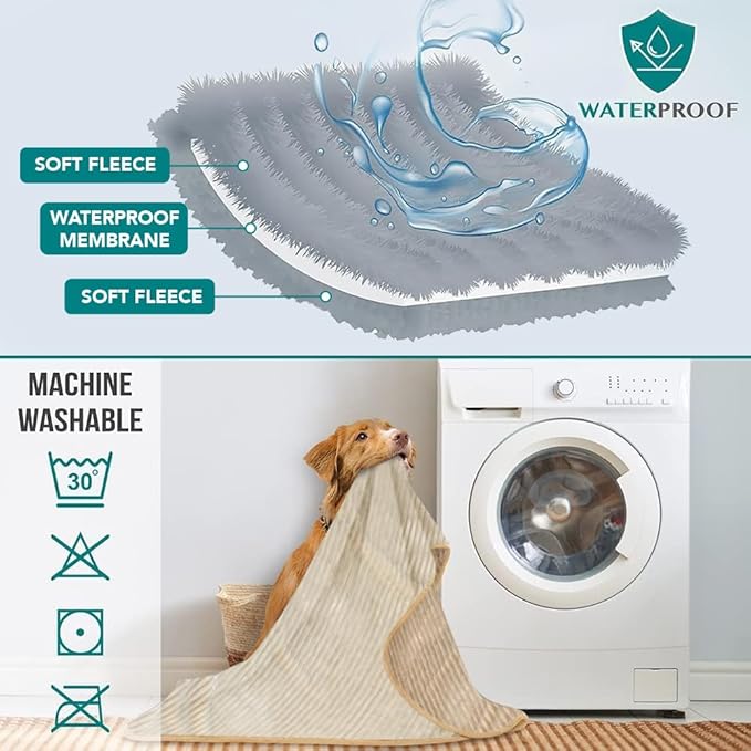PetAmi Waterproof Dog Blanket, Leakproof Pet Blanket for Small Medium Large Dogs, Reversible Furniture Bed Sofa Couch Cover Protector, Plush Striped Pet Throw for Indoor Cat, 29x40 in, Taupe Beige