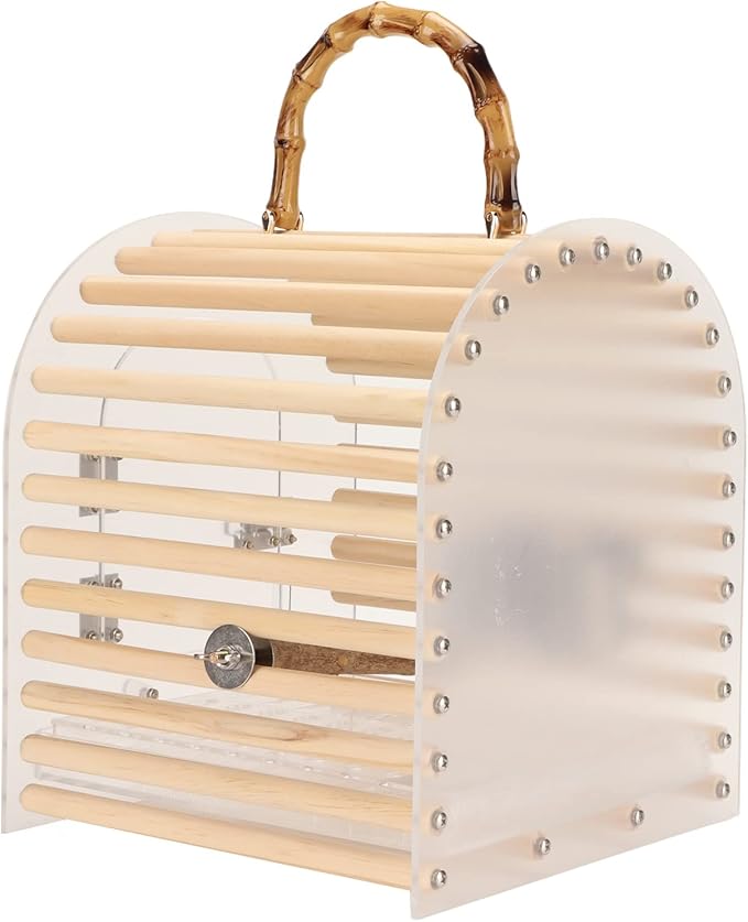 Portable Bird Cage Escape Proof Circular Arc Small Transparent Acrylic Travel Bird Carrier for Bird Parrot Premium Material Safe Non Ventilated Comfortable Handle Easy Install