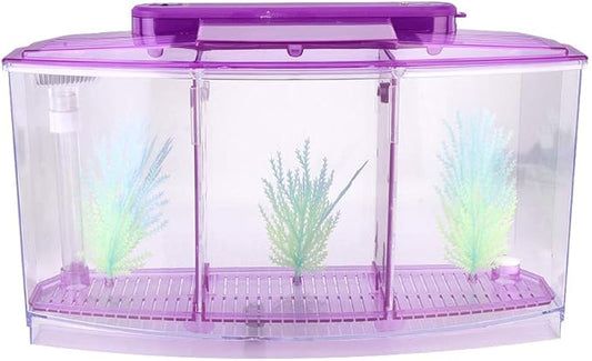 HEEPDD Triple Chamber Fish Breeder Box for Aquarium, Transparent Acrylic Small Fishes Breeding Isolation Box with Six LED Lights and Water Change Valve Breeder for Fish Tank (Purple)