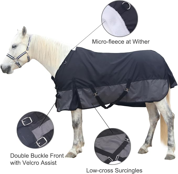 1200D Ripstop Waterproof Breathable Horse Blanket (0g No Fill), Lightweight Turnout Rain Sheet, Keeps Dry in Mud & Wet Weather BlackGrey 75"