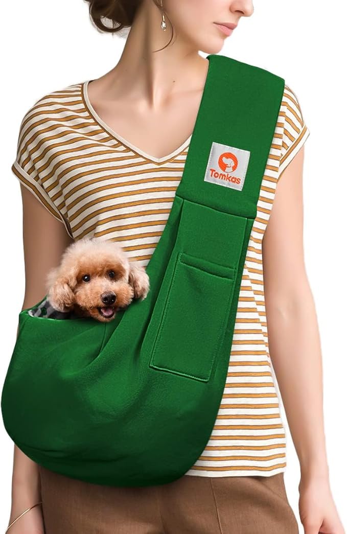Tomkas Small Dog Sling Carrier - Zipper Pocket & Adjustable Strap & Zip Pocket - for 3-10 lbs Pets (Emerald Green, M - Classic Pocket & Classic Strap)
