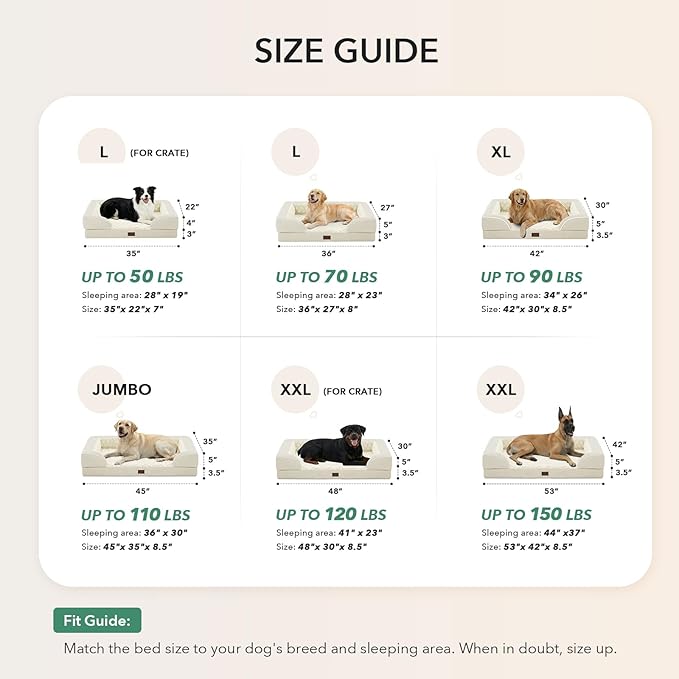Orthopedic Dog Beds for Extra Large Sized Dogs, Waterproof Memory Foam XL Pet Bed with Sides 48x30Inch, Non-Slip and Egg-Crate Foam Big Dog Couch Bed with Removable Washable Cover, Beige