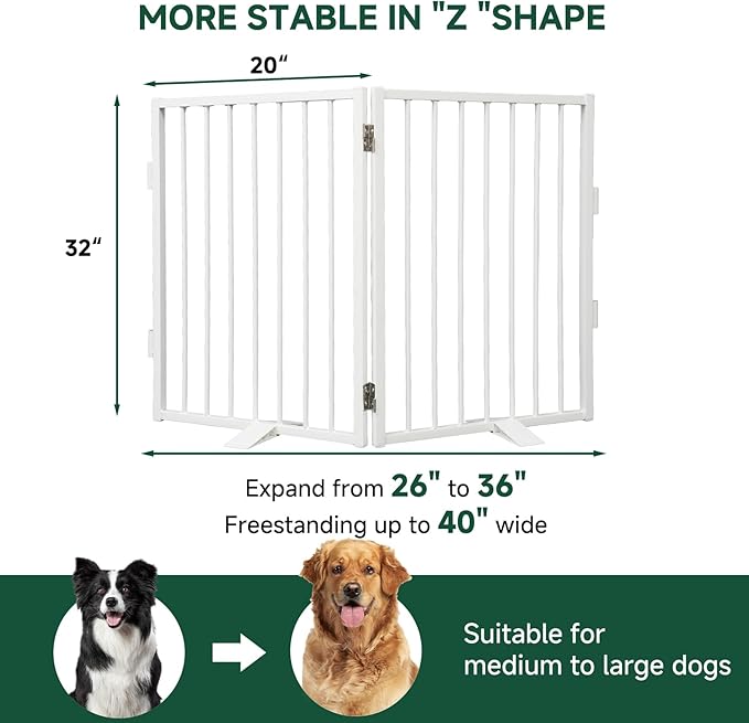 Snagle Paw Full Metal Freestanding Dog Gate,Indoor Pet Gate with Floor Protect Support Feet, 40x32 Inches Foldable Dog Fence for Stairs, Hallways and Doorways (32'' H 2 Panel, White
