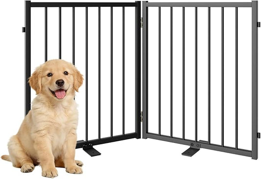 SNUOWU Full Metal Freestanding Dog Gate with Door, 24'' Height Foldable Pet Dog Fence for Indoor & Outdoor, 2 Panels Extra Wide Free Standing SmallDog Gates for Doorways,House,Stairs,Porch,Deck,Yard