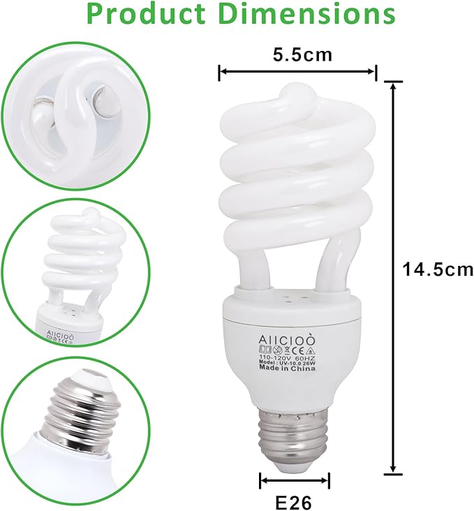 Aiicioo UVB Reptile Light 10.0 26W Desert UVB Spiral Compact Fluorescent Lamp UVB Reptile Light Bulb Tropical and Sub-Tropical UVB Bulb for Reptiles Bearded Dragons Lizards